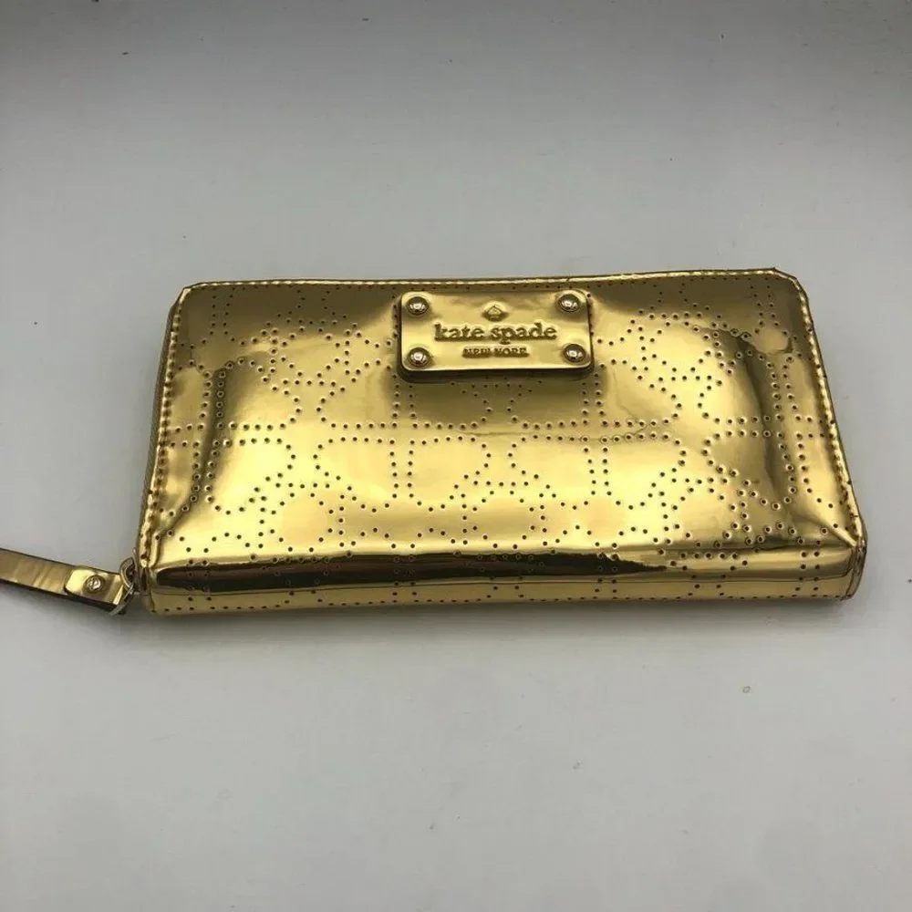 Kate‎ Spade Womens Wallet Zip Around Shiny Metallic Gold Heart Print Accessory